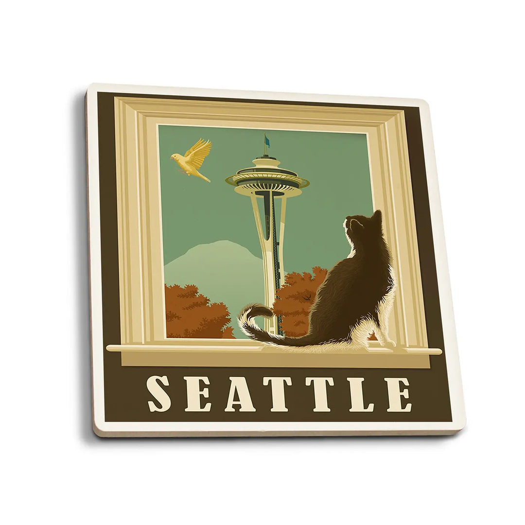 Lantern Press Seattle Space Needle & Cat Window Coaster