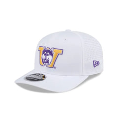 Photo of New Era White 9Seventy PERFORM Vault Dog Perforated Stretch Snap Adjustable Hat Front Side View.