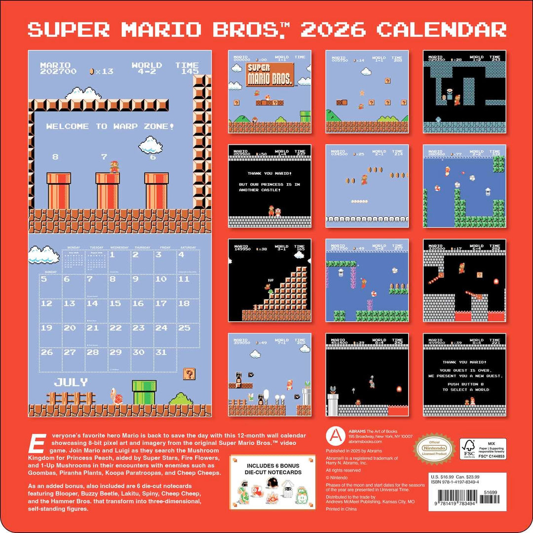 Super Mario Bros. 8-Bit Retro 2026 Wall Calendar with Bonus Notecards