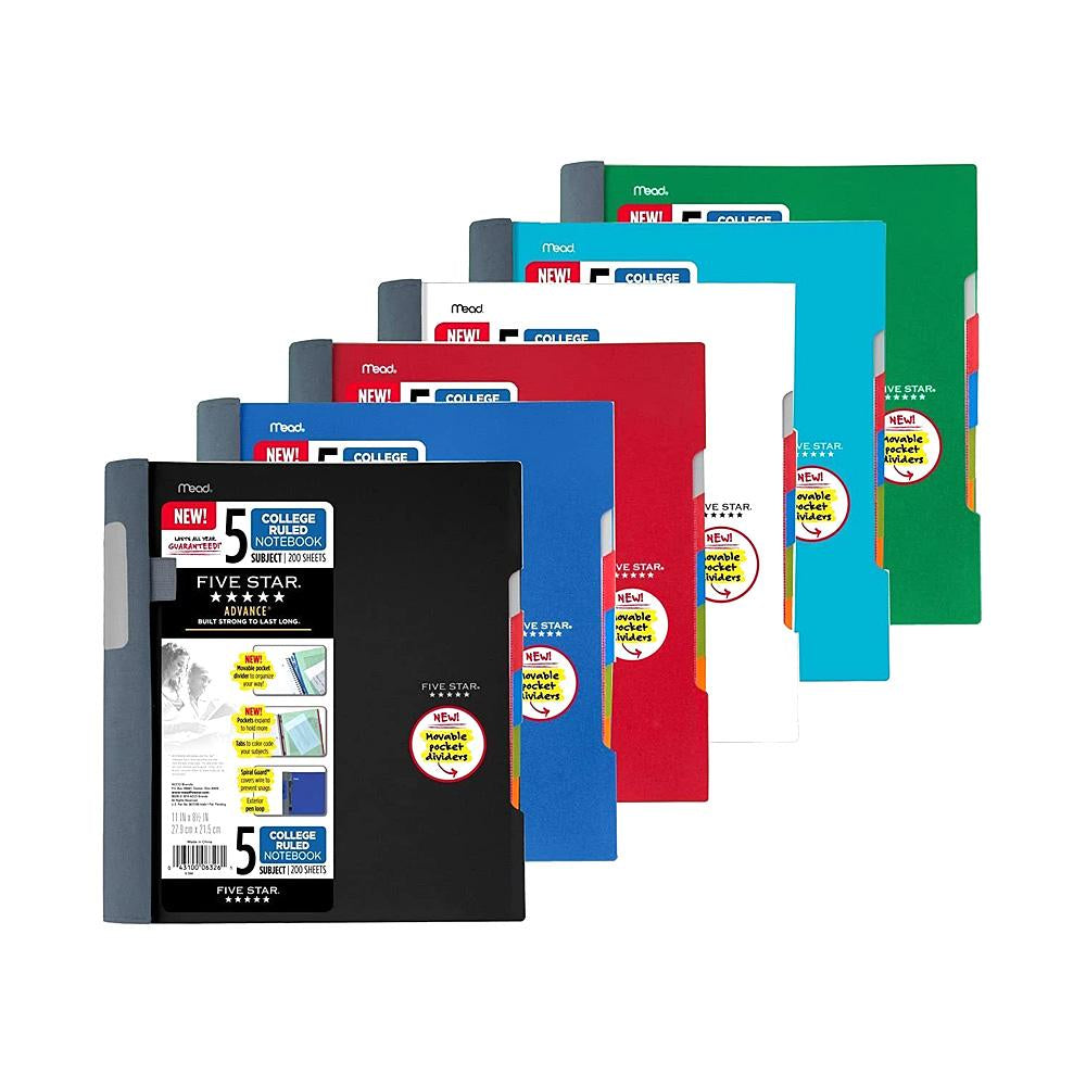 Five Star Advance Assorted 5 Subject College Spiral Notebook