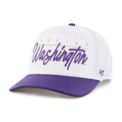 Photo of 47 Brand White Purple Washington Huskies Condor Hitch Snapback Hat Front Right.