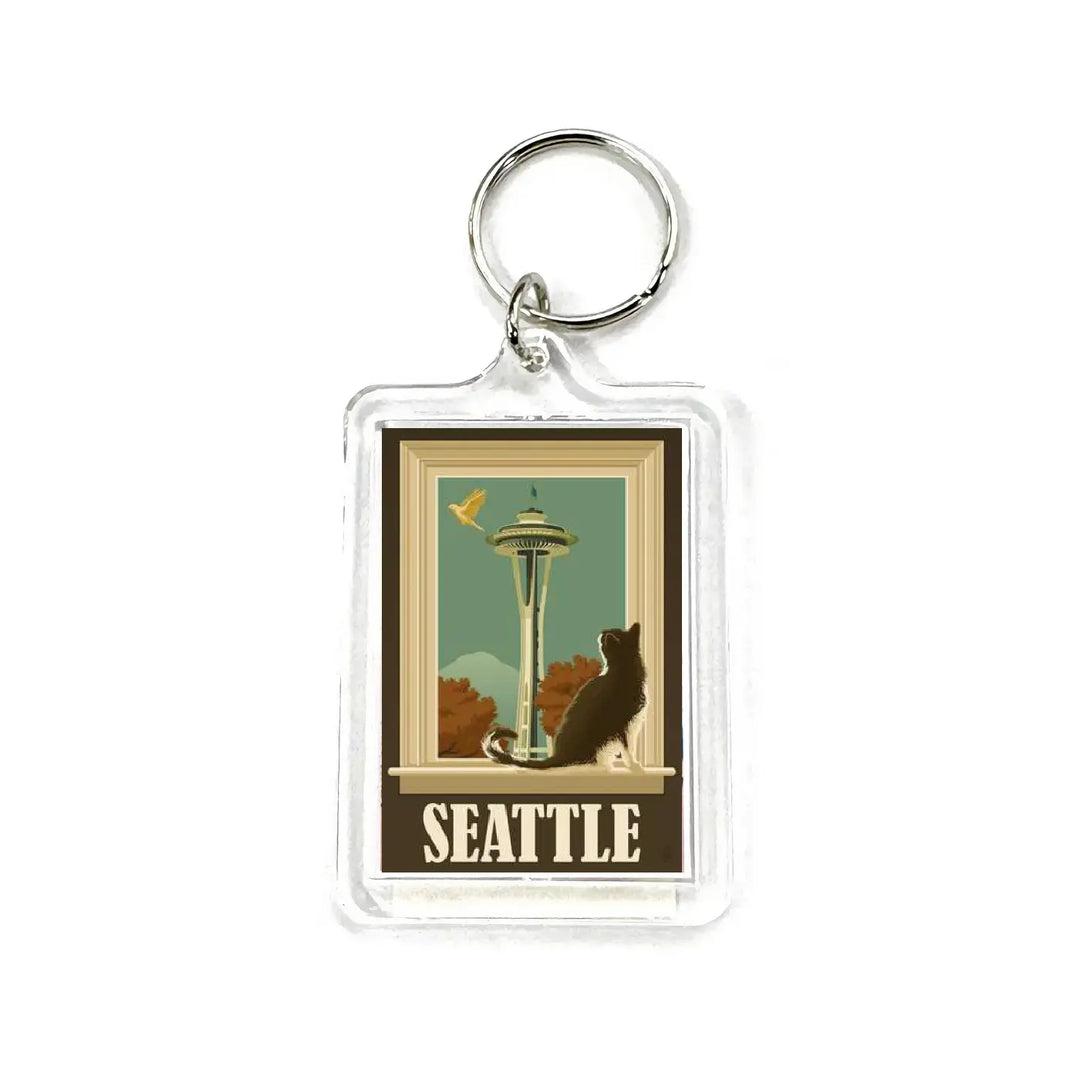 Lantern Press Seattle Space Needle & Cat Window Acrylic Keychain