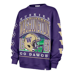 47 Brand Women's Washington Huskies Football Helmet Oversized Sleeve Print Crewneck