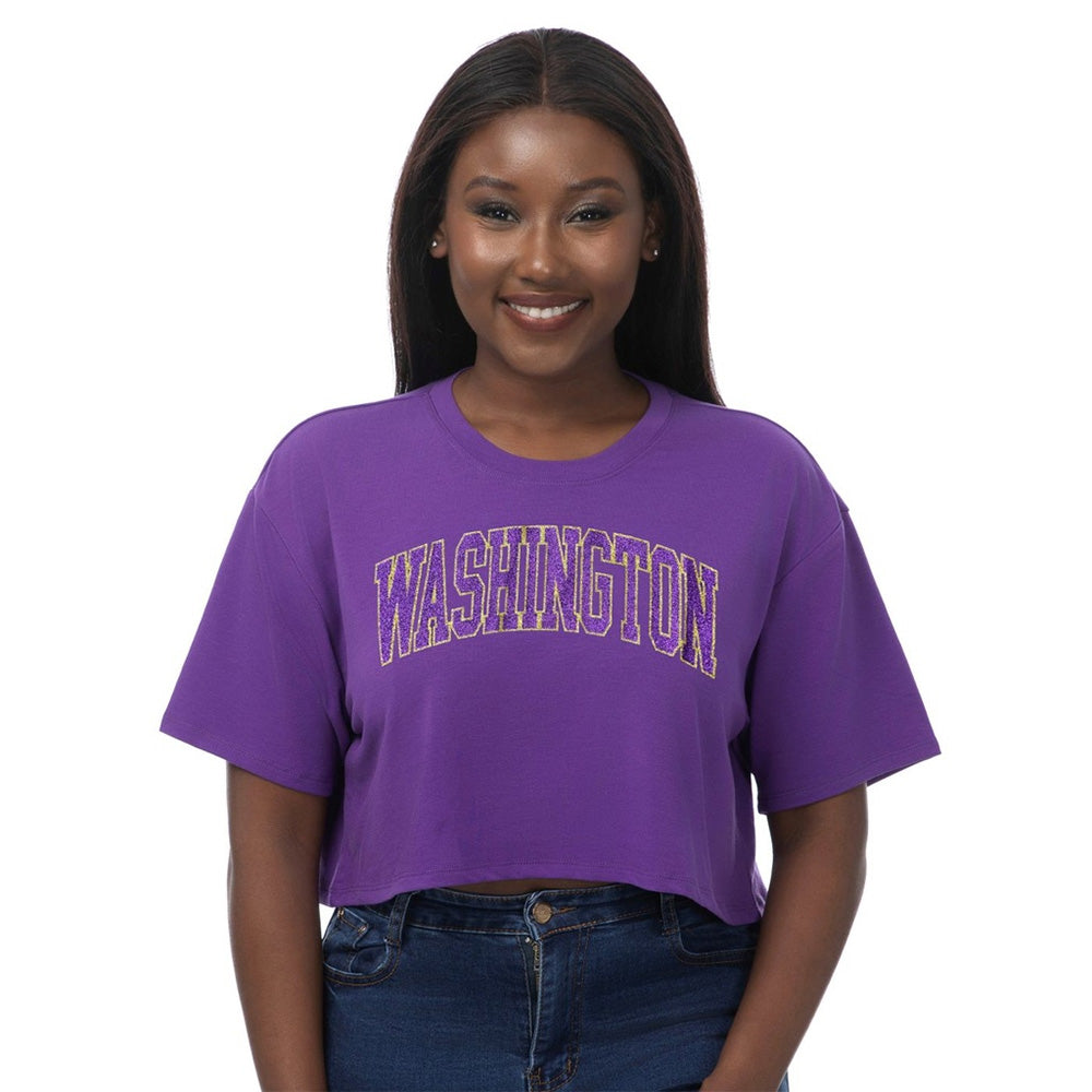 Zoozatz Women's Washington Huskies Arched Glitter Print Boxy Crop Tee