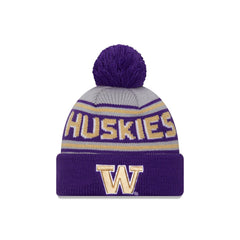Photo of New Era Purple Gray W Huskies Cuff Pom Beanie Front.